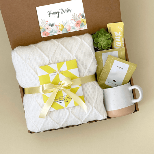 Easter Gift Basket for Women | Gift Box with Blanket & Succulent | Self Care Gift Box for Her