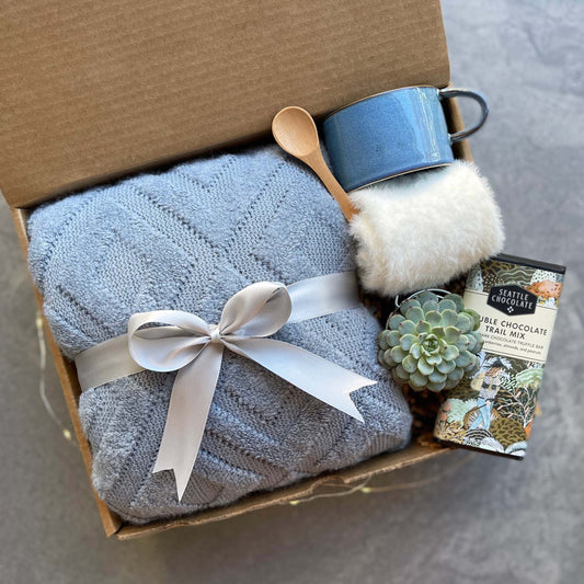 Encouragement Gift For Women | Hygge Gift Box with Blanket, Socks & Succulent | Get Well Care Package For Her Comfort