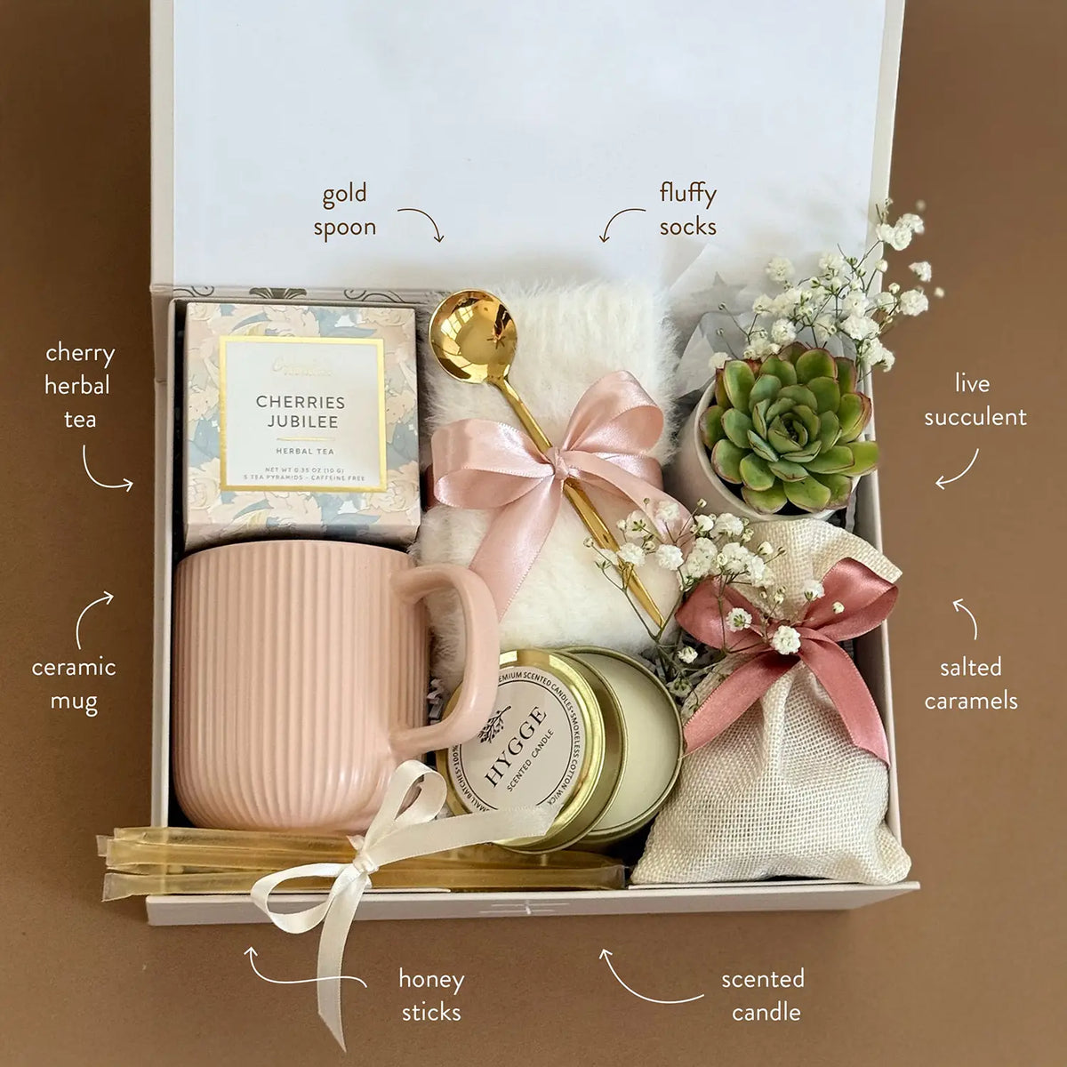 Summer Comfort Gift for Her – Cozy Mug, Cherry Tea, Succulent, & More – Happy Hygge Gifts