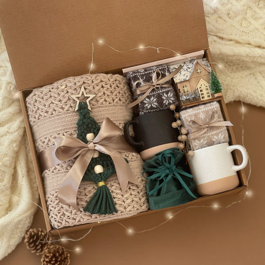 Warm Wishes Couple’s Holiday Gift Set | Large Gift Basket with Taupe Blanket, Nordic Socks & Festive Holiday Decor