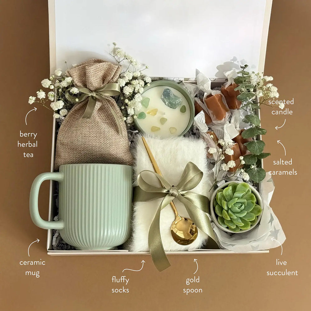 Sage Summer Gift Basket – Cozy Mug, Succulent, Berry Tea & Sweet Treats