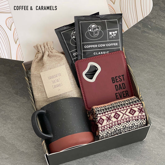 Father's Day Hygge Basket | Gift Set with Coffee, Caramels, Ceramic Mug, and Cozy Socks