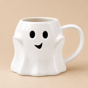 White ghost shaped Halloween ceramic mug with smiling face, 16 oz