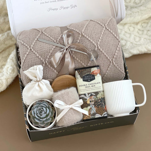 Cozy Nordic Gift Set: Ceramic Mug, Throw Blanket, Premium Fuzzy Socks, Herbal Tea, Live Succulent & More