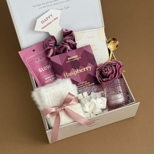 Galentine's Day Spa & Chocolate Gift Box Set with Bath Soak, Raspberry Chocolate, and Cozy Accessories