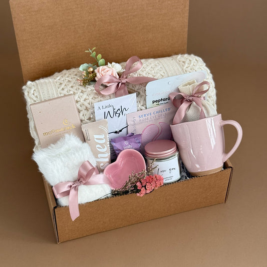 Luxurious Pink Self-Care Gift Box with Mug, Skincare Items and Cozy Accessories | Premium Spa Day Pampering Package