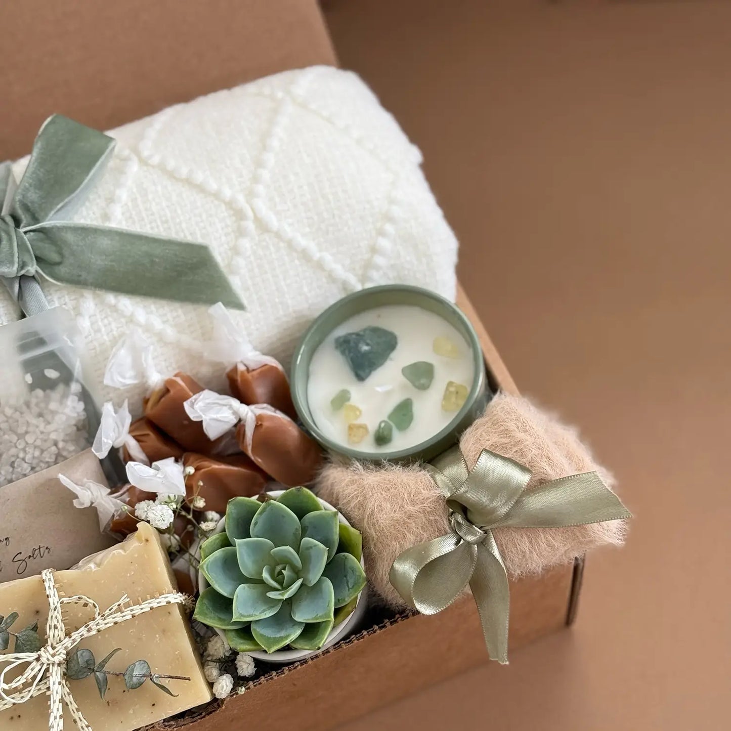 succulent and candle gift box Cozy Self-Care Package with Blanket, Succulent, Herbal Tea, & Candle – Happy Hygge Gifts