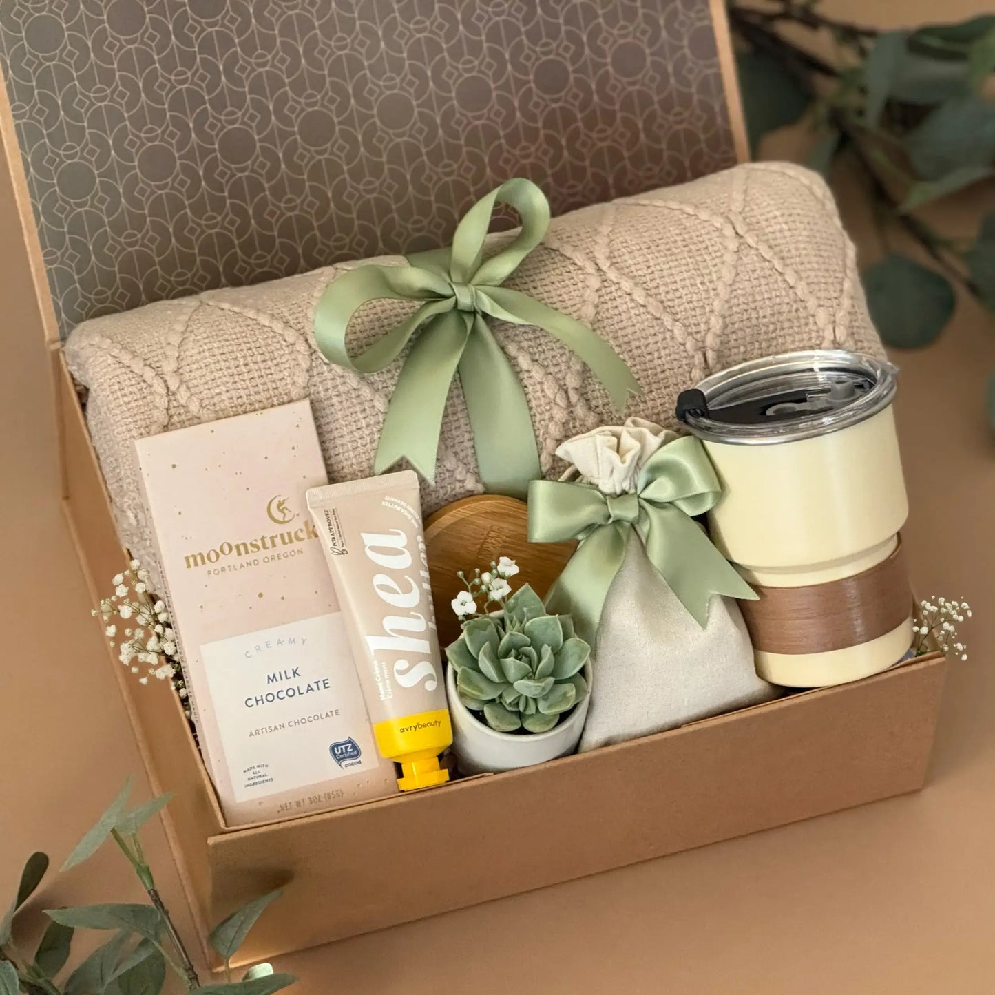 succulent gift boxes Cozy Self-Care Gift Box – Blanket, Mug, Succulent, Tea & Sweet Treats – Happy Hygge Gifts