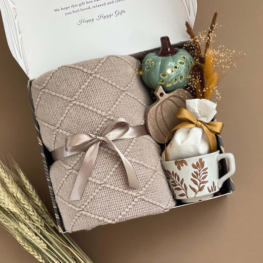 Hello Pumpkin Fall Hygge Gift Set with Blanket, Ceramic Pumpkin, and Mug