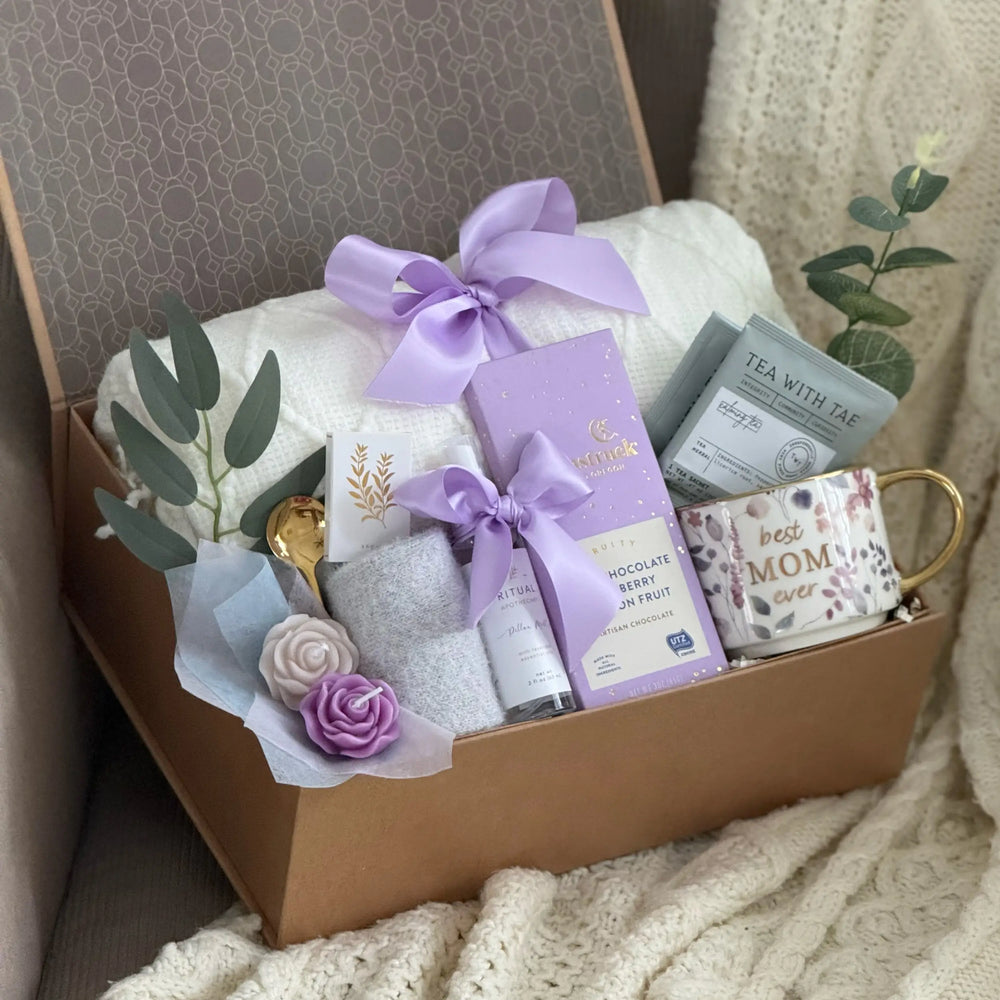 tea tree lavender mint holiday gift set Lavender Serenity Gift Box – Blanket, Mug, Tea, Chocolate & Spa Gift S – Happy Hygge Gifts