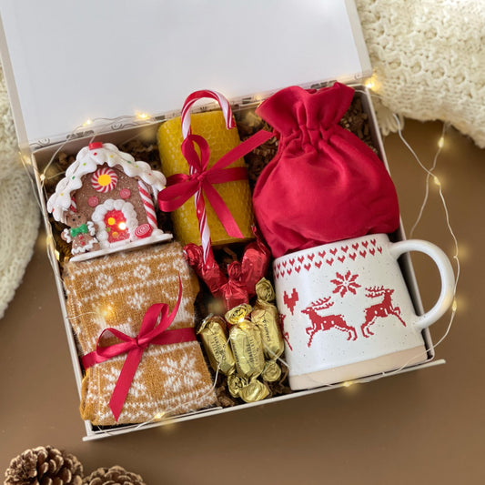 Gingerbread Holiday Hygge Box: Cozy Socks, Hot Chocolate, Candle, Holiday Mug, & More