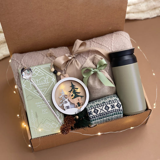 Evergreen Nordic Holiday Care Package – Blanket, Tumbler, Treats & Cozy Essentials