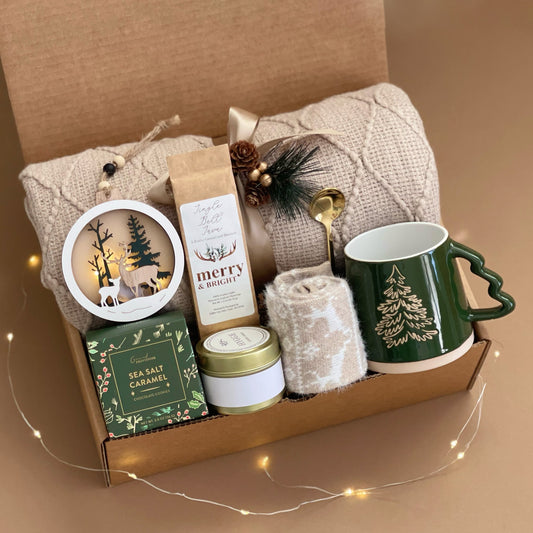 Deluxe Holiday Gift Basket | Premium Hygge Gift Set with Blanket, Holiday Mug, Vanilla Candle, Gourmet Treats & More