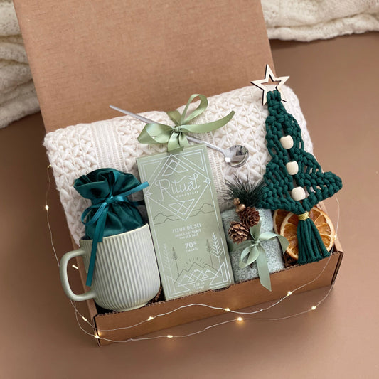 Extra Special Holiday Gift Basket for Her - Boho Blanket, Ceramic Candle Holder, Luxurious Socks, Minty White Tea, & Live Succulent