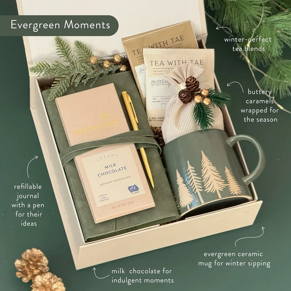 Evergreen Moments Gift Box | Holiday Mug, Chocolate & Velvet Journal ...