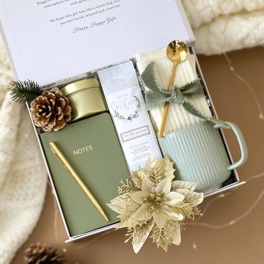 Christmas Jolly Hygge Gift Basket: Notebook, Candle, Coffee, Cozy Socks & More