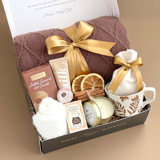 Ultimate Cozy Fall Hygge Gift Box with Blanket, Mug, Candle & Hot Chocolate