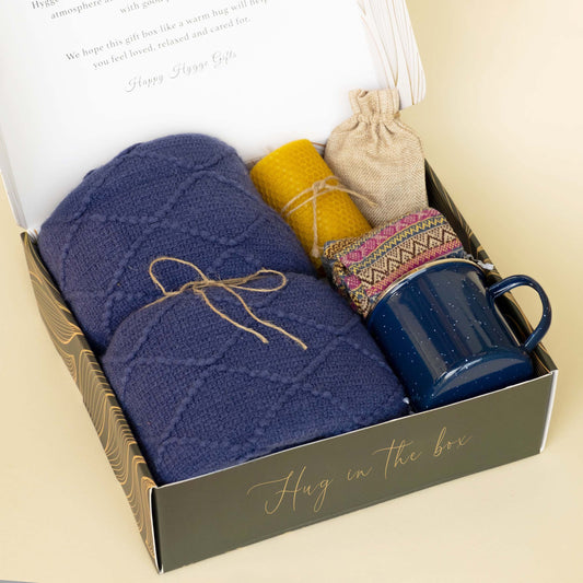 Birthday Gift Set for Men & Women | Care Package with Navy Blanket, Nordic Socks & Campfire Mug | Same Day Shipping