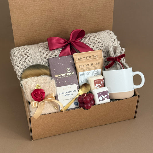 Artisanal Tea and Chocolate Gift Box | Cozy Self Care Package with Moonstruck Chocolate, Tea with Tae, and Ceramic Mug