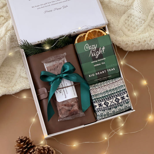 New Year Gift Set with Notebook, Biscotti, Cozy Socks & Tea | Small Holiday Hygge Gift Box