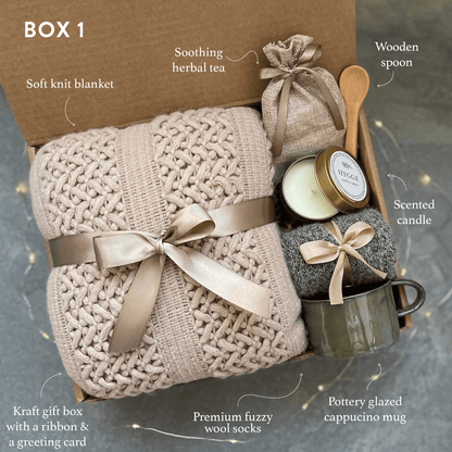 Classy Gift Basket for Women | Cozy Gift Box with Blanket, Socks, & Candle | Self Care Package for Any Occasion