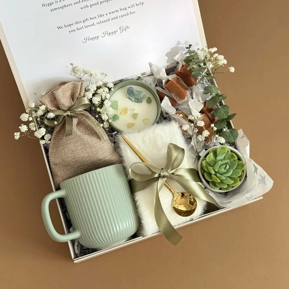succulent gift arrangements Sage Summer Gift Basket – Cozy Mug, Succulent, Berry Tea & Sweet Treat – Happy Hygge Gifts
