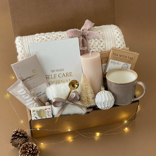 Holiday Glow Relaxation Gift Basket: Blanket, Self-Care Journal, Vanilla Candle, Seasonal Treats & More