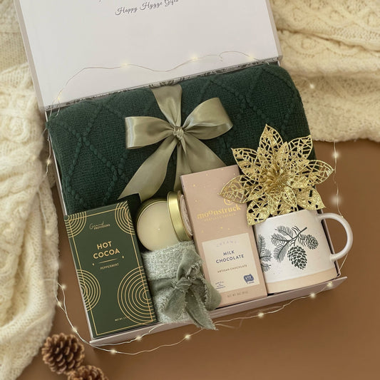 Santa's Cozy Essentials Gift Basket | Blanket, Hot Chocolate, Mug & Seasonal Cheer | Holiday Hygge Gift Box