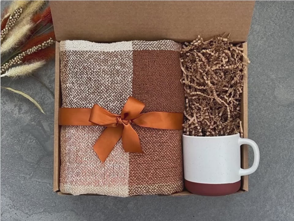 Cozy Care Package for Her & Him | Self Care Gift Box with Plaid Blanket, Mug and Candle